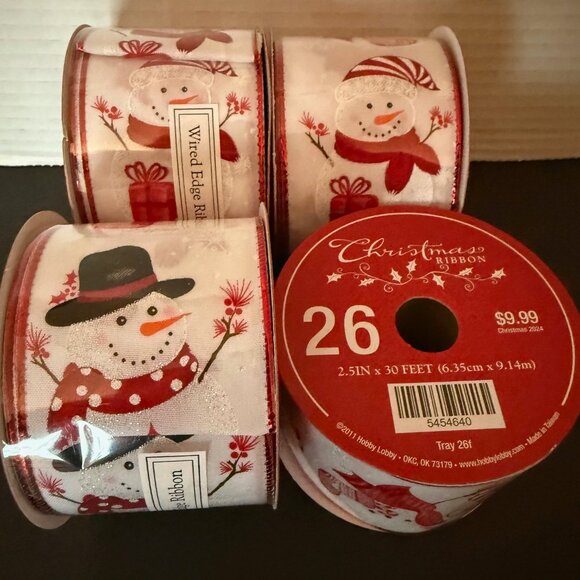 4 NEW Holiday Adorable Snowman Wired Edge Ribbon - 2.5” x 30 Ft each - Picture 1 of 4